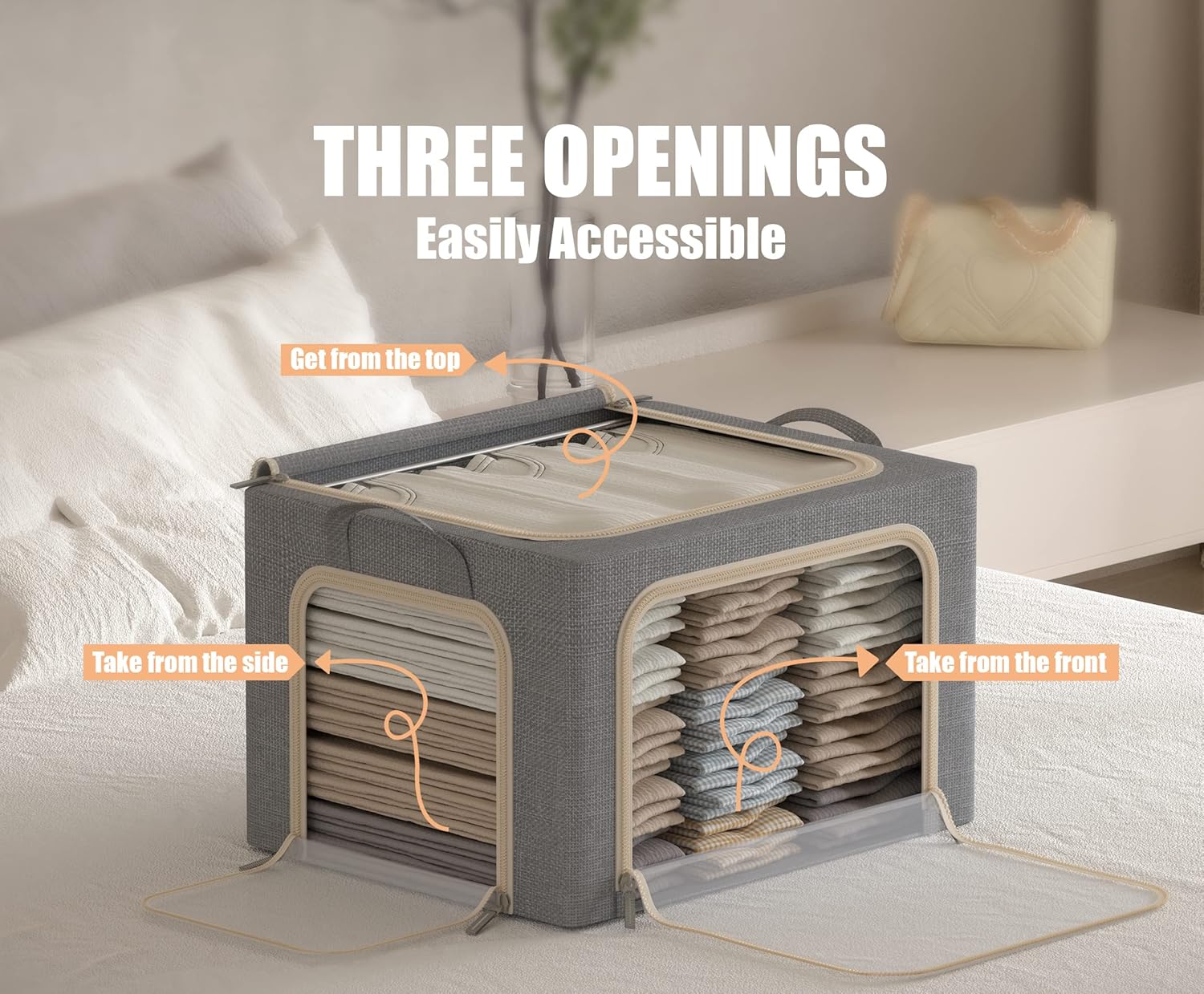 Skiennix Foldable Clothes Storage Bins - Durable Metal Frame with Clear Window | 3 Pack, Light Grey, 40L