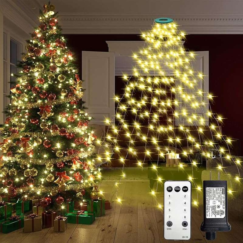 Warm White 8.2ft 16-Stream Cascading Christmas Tree Lights with Ring, 448 LEDs, Dimmable, 8 Modes, IP44 Plug-in