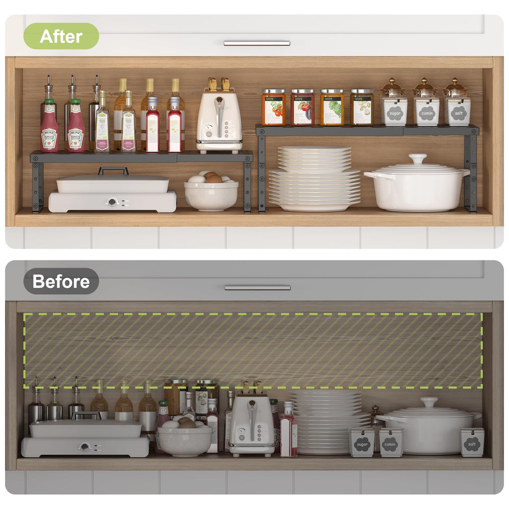RUILALIFE Expandable Cabinet Organizer Shelf With Adjustable Height, Stackable Kitchen Countertop Organizer Rack, Adjustable Shelf Riser For Kitchen Counter, Pantry, Cupboard, Desk, Tabletop