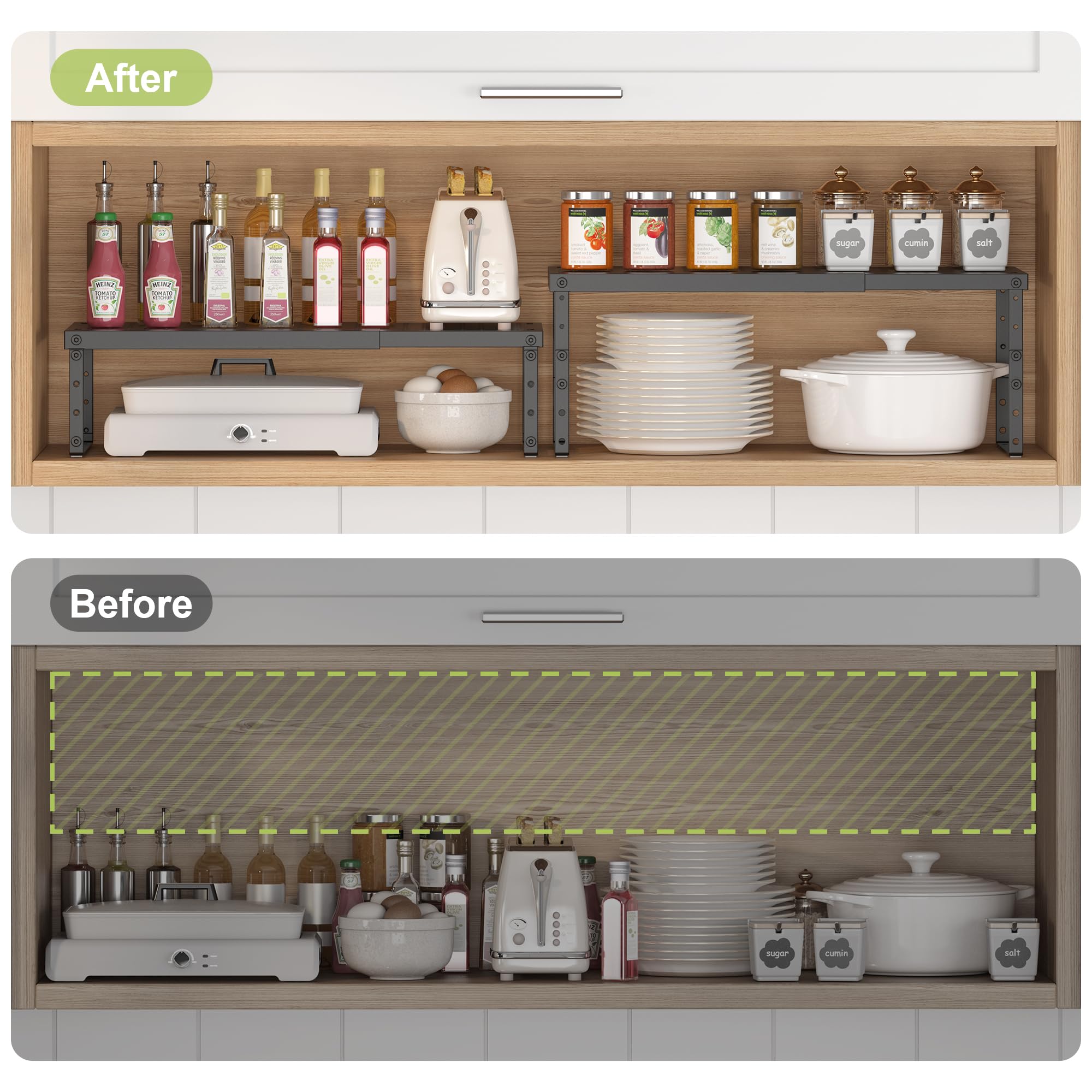 RUILALIFE Expandable Cabinet Organizer Shelf With Adjustable Height, Stackable Kitchen Countertop Organizer Rack, Adjustable Shelf Riser For Kitchen Counter, Pantry, Cupboard, Desk, Tabletop