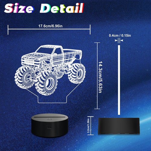 CoolGift Mart Monster Trucks Night Light for Boys, 3D LED Optical Illusion Lamp with Remote Control and Timer, Perfect Christmas and Birthday Gift Idea for Boys, Kids, and Teens