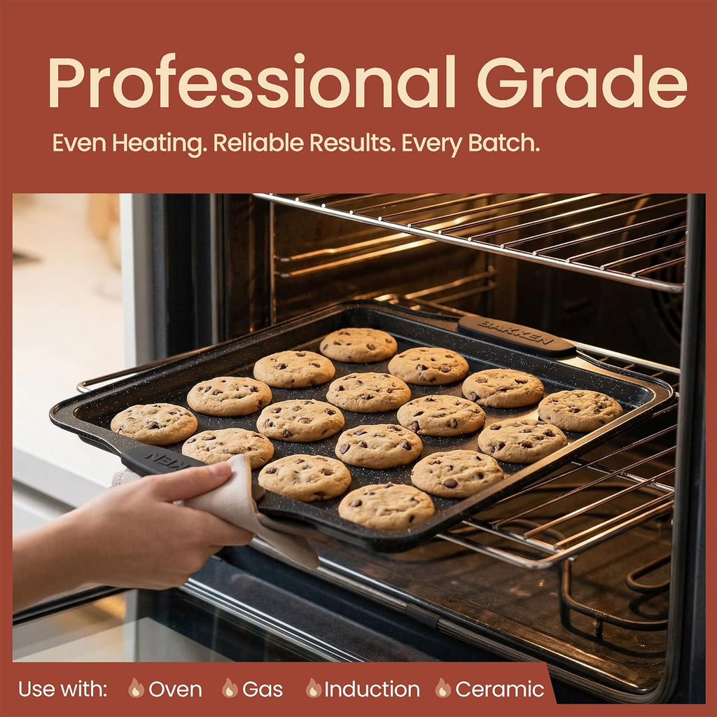 BAKKEN 8-Piece Nonstick Baking Pans Set | Professional Grade Carbon Steel with Gray Marble Coating - Oven & Dishwasher Safe