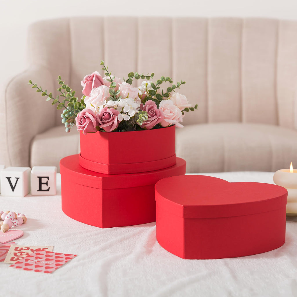 Soul & Lane Heart Shaped Boxes for Flowers - Set of 3 - Red, Large Cardboard Heart Gift Boxes for Presents with Lids, Ideal for Valentine's Day, Mother's Day