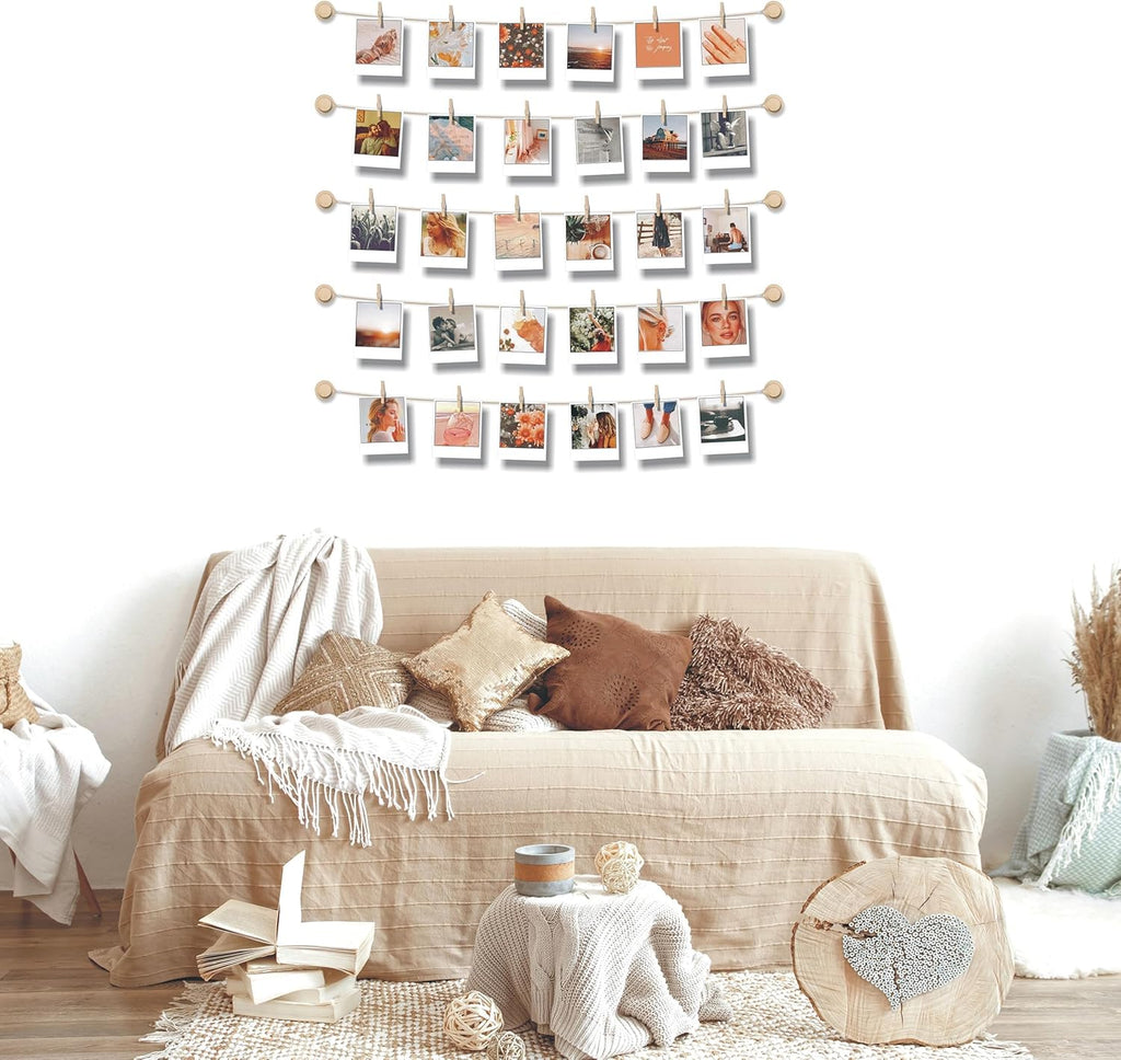 PhotoWall Hanging Photo Display | Sculptural Picture Frames Collage - 5 Strings, 30 Clips, 3M Hooks - 30 x 30 Inch