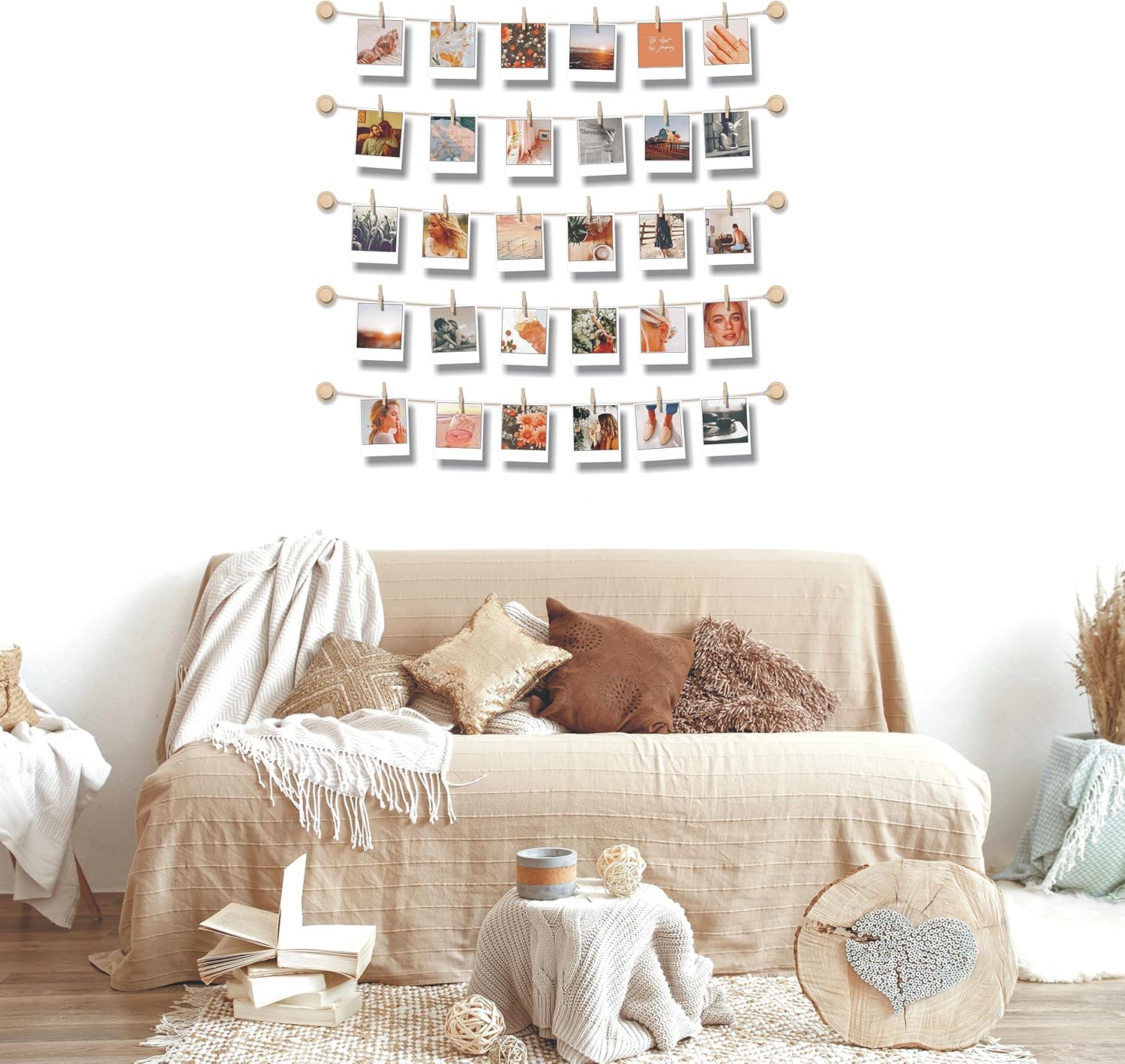 PhotoWall Hanging Photo Display | Sculptural Picture Frames Collage - 5 Strings, 30 Clips, 3M Hooks - 30 x 30 Inch