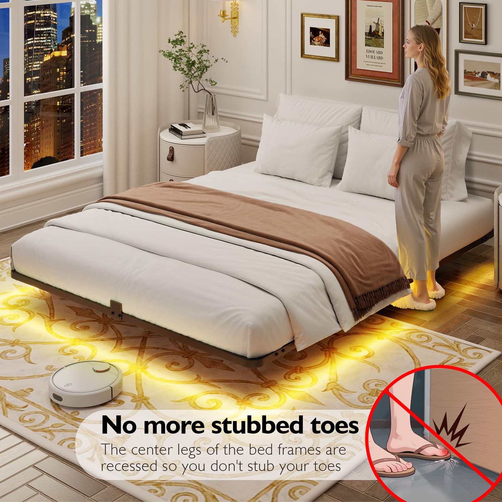 FSJianYi Queen Floating Bed Frame with LED Lights - Modern Metal Platform Bed Frame - Noise Free No Box Spring Needed and Easy Assembly,60W x 80L in