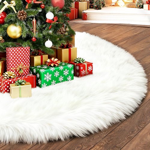 Christmas Tree Skirt, Deluxe 60 Inch Decoration Tree Skirt, White Faux Fur Soft Thick Plush Tree Base Cover, Large Round Area Mat for Home Merry Christmas Holiday Season Party