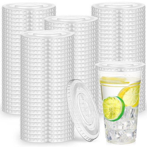 Hortsun 500 Count 107mm Clear PET Plastic Flat Lids with Straw Slot Fits 32oz, 42oz, 44oz Cups Disposable Plastic Transparent Cup Lids for Iced Coffee Milkshake Ice Cream Office Home Travel Supplies