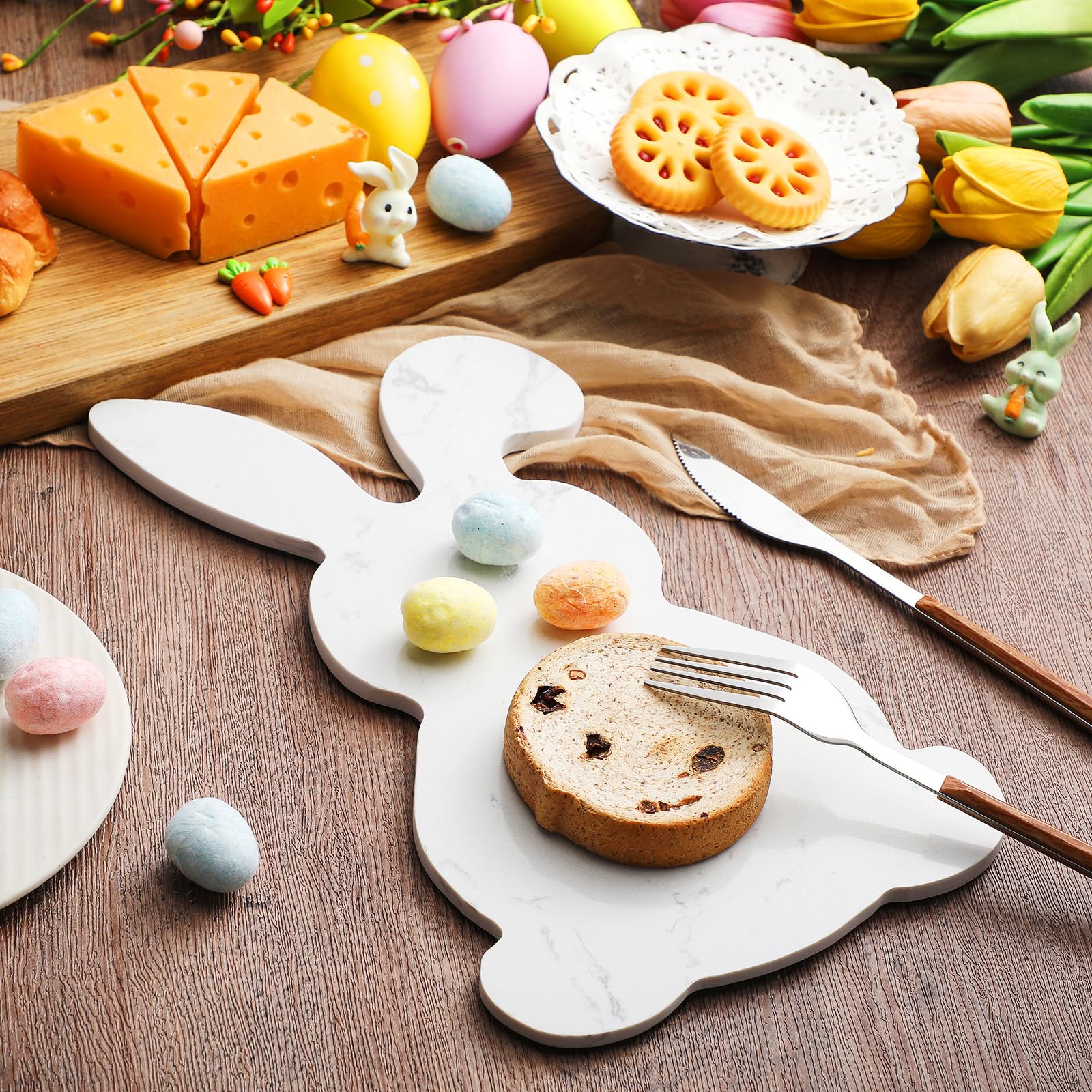 Reallnaive Easter White Bunny Cheese Board 11.8 x 7 Inch Charcuterie Cutting Board Large Decorative Stone Food Plate Tray for Easter Decoration Charcuterie Kitchen