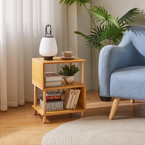 Aibiju Wooden Night Stand with Open Shelf, Nightstand with Solid Wood Legs, S-Shaped Bed Side Table 3 Tier, End Table Natural Wood YD-TM152N