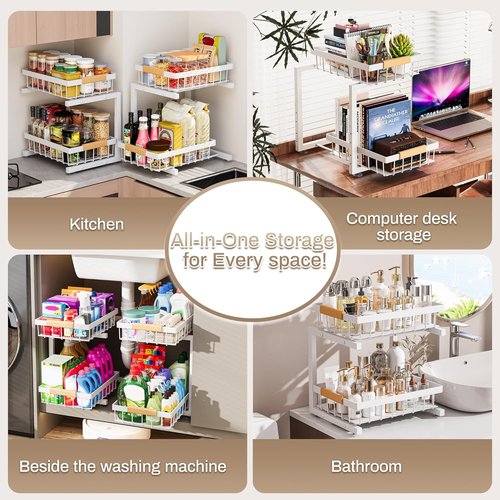 ADBIU Under Sink Organizer - 2 Pack Adjustable Height (11"-15.75") | 2-Tier Pull-Out Sliding Drawers, Heavy-Duty Metal, White