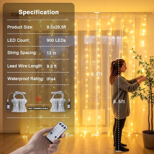 JMEXSUSS 900 LED Outdoor Curtain Lights - 9.5x29.5ft Twinkle String Lights with Remote for Wedding & Home Decor | Warm White
