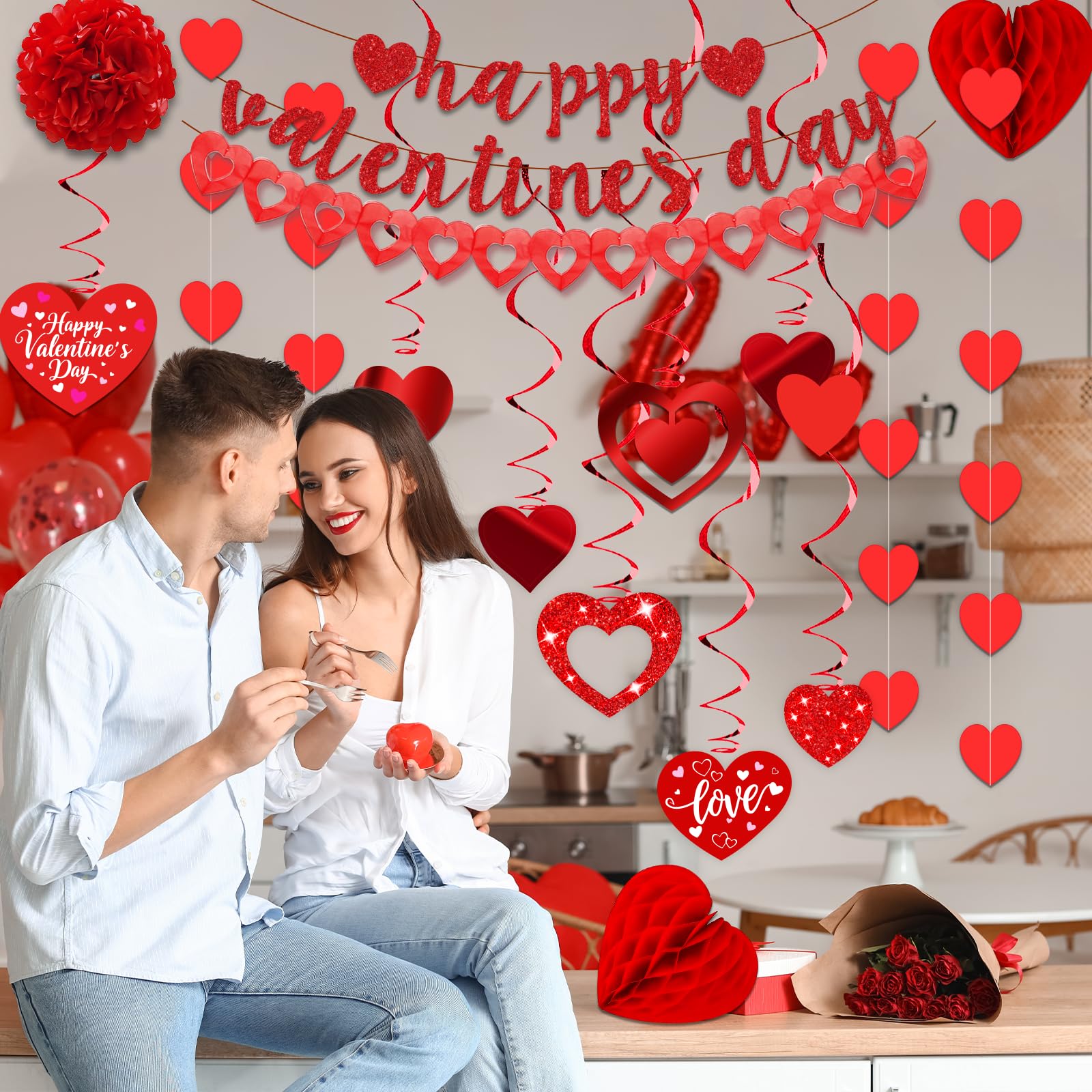 26Pcs Valentines Day Decorations Hanging Swirls Valentines Day Decorations Happy Valentine's Day Love Heart Garlands Banner Paper Honeycomb for Home Classroom Office Wedding Party Anniversary