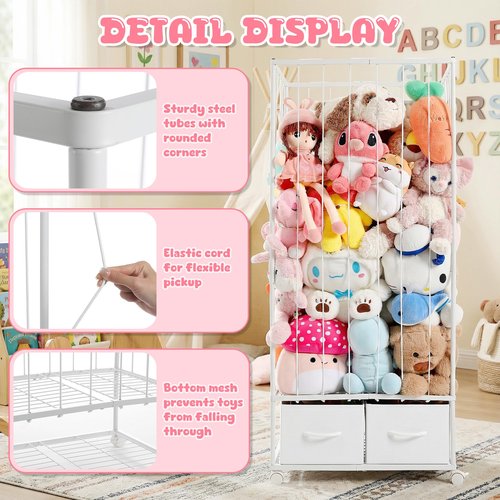 Stuffed Animal Storage Organizer, Jumbo Metal Stuffed Animal Zoo with 2 Drawers and Lockable Casters, 54"x24"x16.5" Extra Large Stuffed Animal Storage Holder Organizers for Playroom Bedroom Nursery