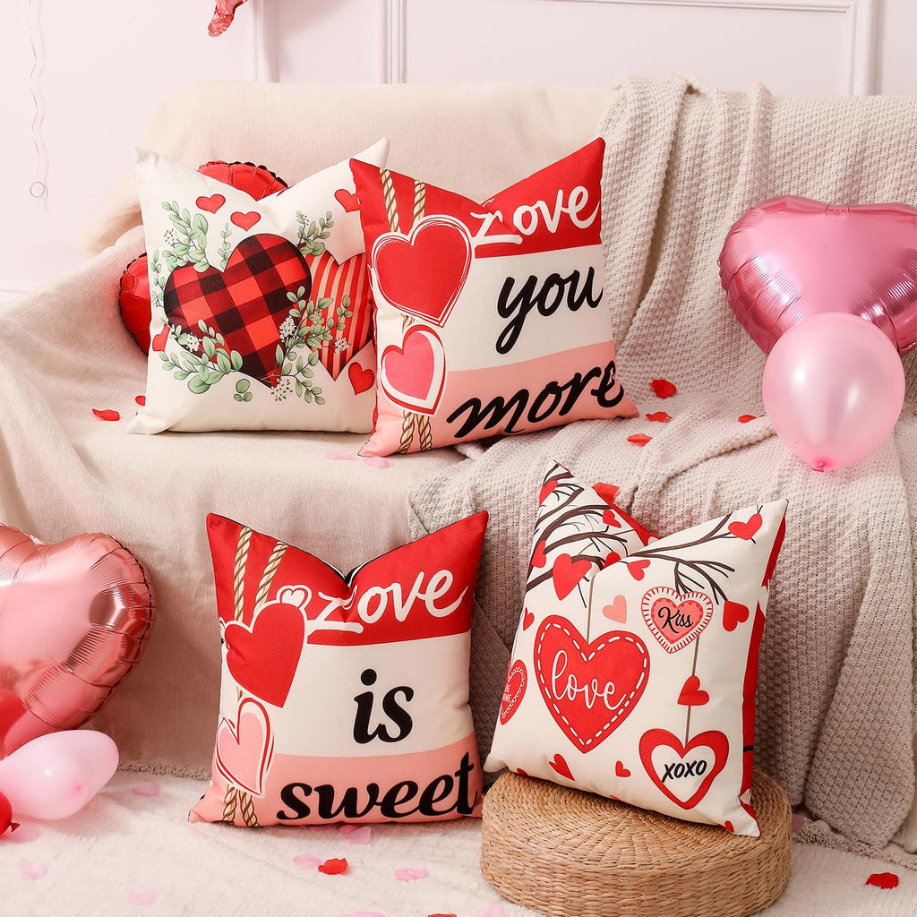 multiwins Valentine Decorations Set of 4 Double-Sided Valentine's Day Throw Pillow Covers 18" x 18", Reversible 8 Designs, with 16 pcs Heart & Love Balloons, Stickers, Complete Valentines Decor Kit