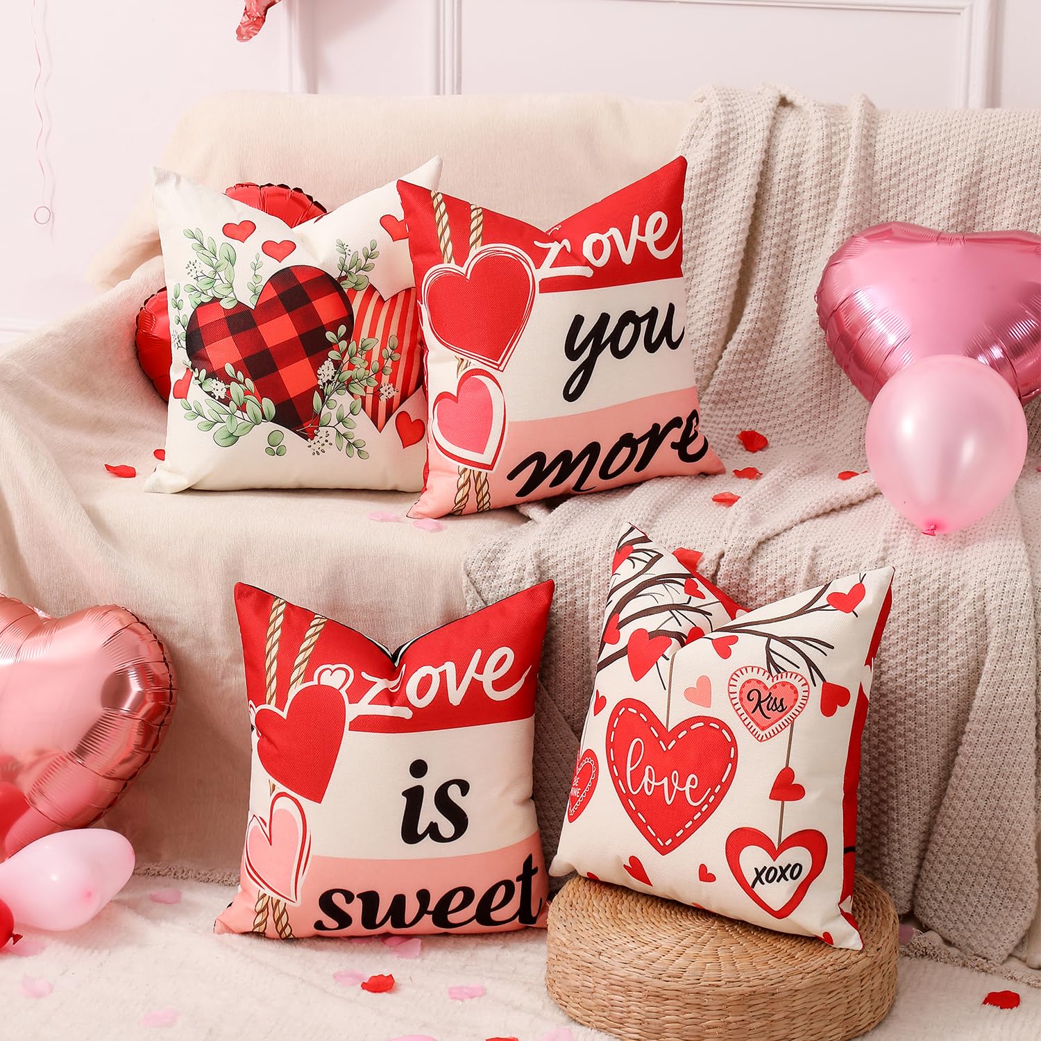 multiwins Valentine Decorations Set of 4 Double-Sided Valentine's Day Throw Pillow Covers 18" x 18", Reversible 8 Designs, with 16 pcs Heart & Love Balloons, Stickers, Complete Valentines Decor Kit