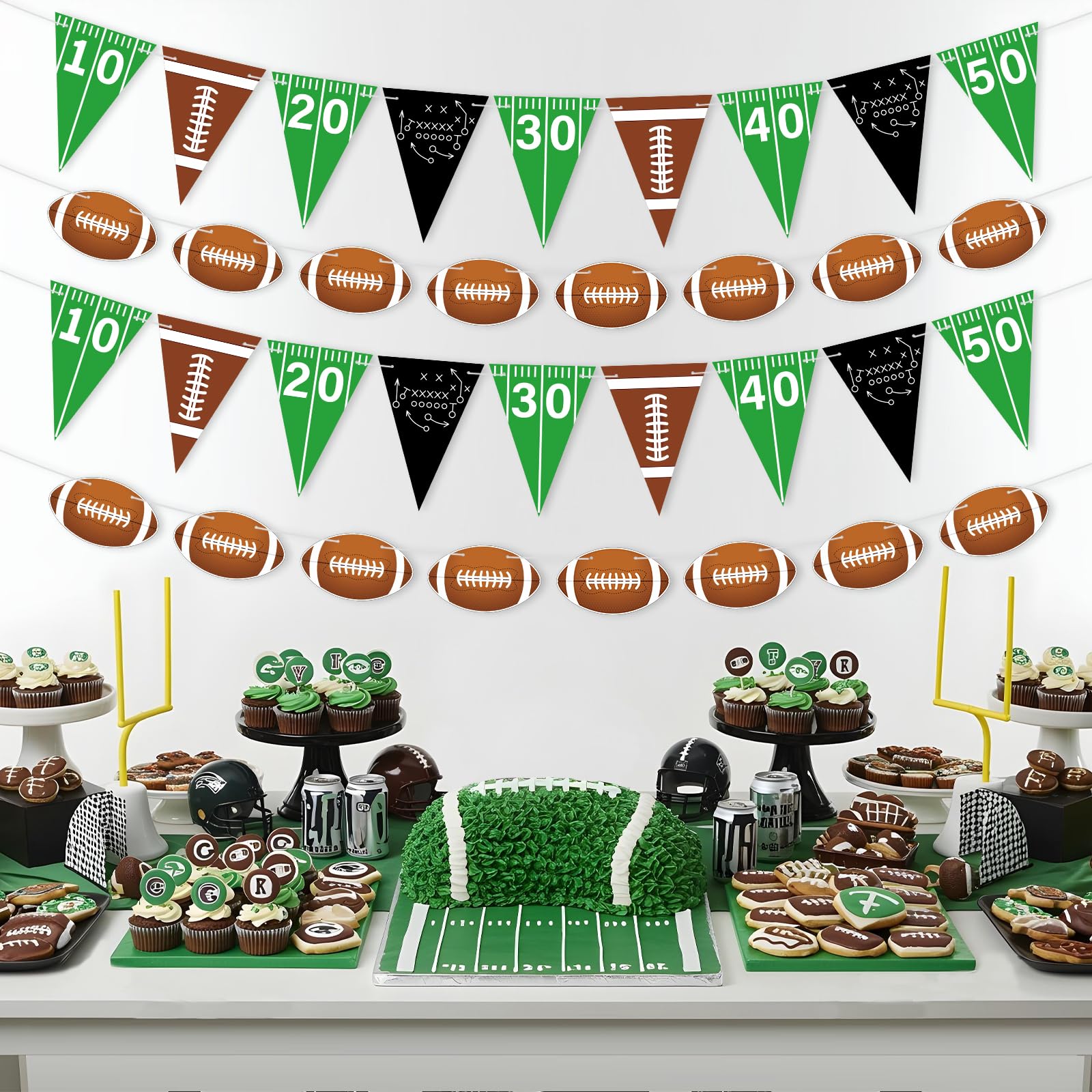 4pcs Football Party Decorations Pre-Strung Football Hanging Garland Triangle Flags Banner for Sports Themed Baby Shower Birthday Party Decorations