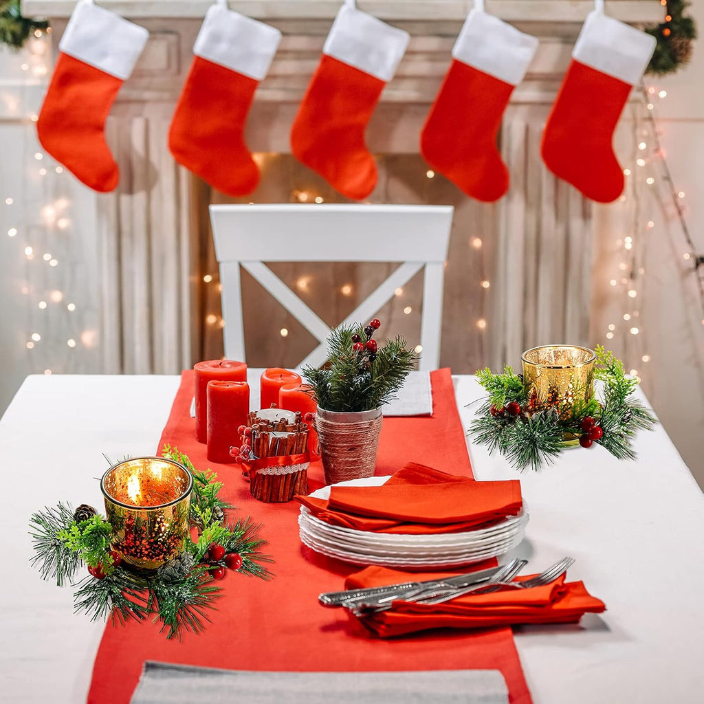 Skylety Christmas Votive Candle Holders - 4 Pack Glass Tealight Holders with Red Berry Wreaths for Holiday Decor