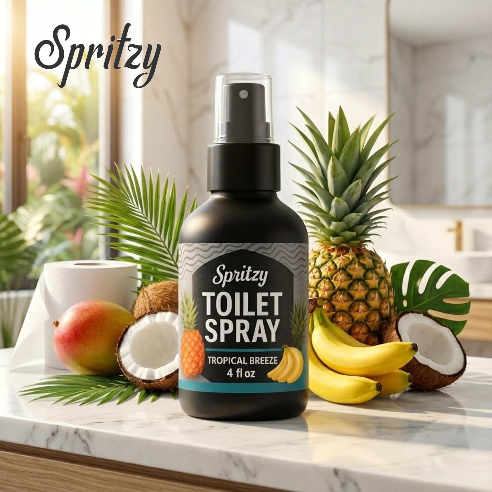 Toilet Spray (4 fl oz) | 600+ Sprays | Bathroom Spray w/Many Scents – Restroom & Bathroom Odor Eliminator – Essentials for a Fresh, Confident Bathroom (Tropical Breeze)