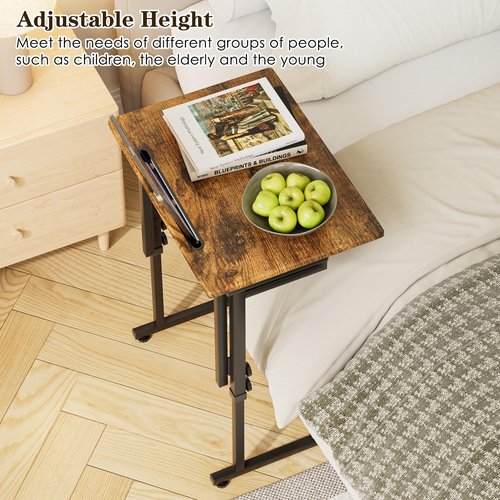 Fleecy day Adjustable Folding TV Tray Table,TV Dinner Small Foldable C-Shaped End Table for Eating,6 Height Adjustable Slide Under Couch Side with Sturdy MDF Top,No Assembly(Brown)