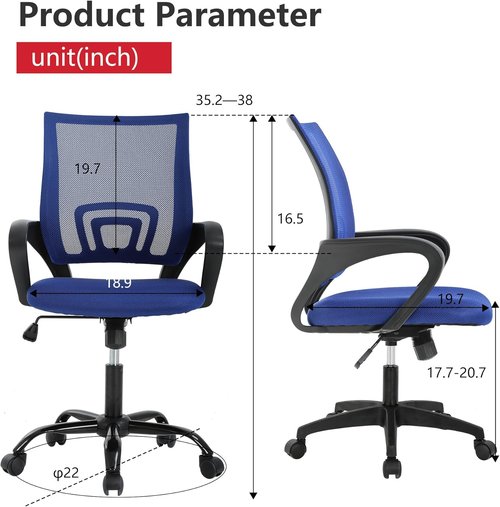 BestOffice Ergonomic Office Chair - Mid-Back Swivel Design with Breathable Backrest & Lumbar Support - Dark Blue