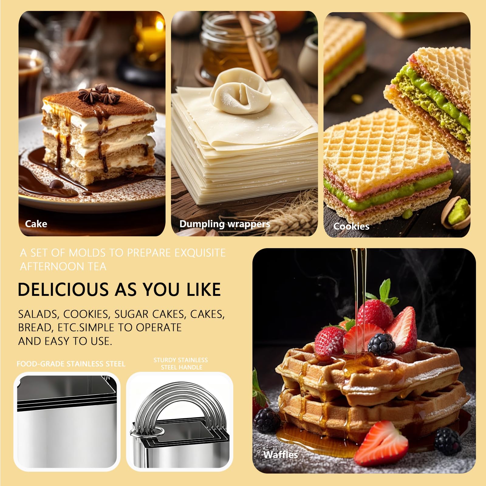 4 Pieces Square Cookie Cutters - 2inch, 2.25inch, 2.75inch, 3.15inch Stainless Steel Biscuit Cutter with Handle and Big Ring, Professional Baking Dough Cutter Tools for Cakes, Sandwiches