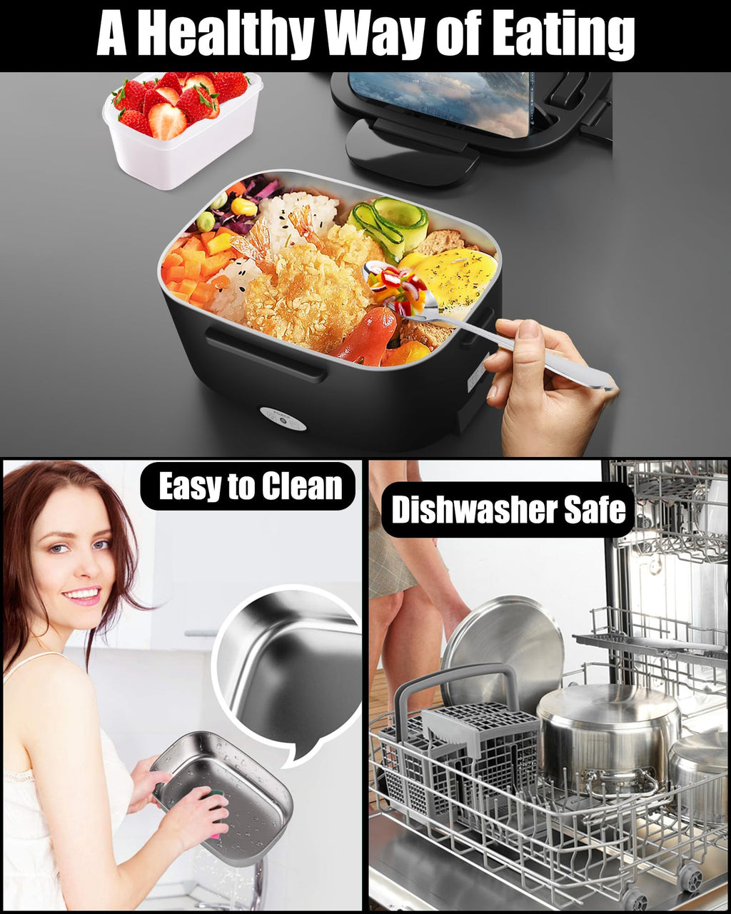 Buddew Electric Heated Lunch Box, 80W Fast Heating with Dual 1.5L Food-Grade 304 Stainless Steel, 12V/24V/110V Portable Food Warmer for Car Truck Office Adults, Lonchera Electrica Portatil (Black)
