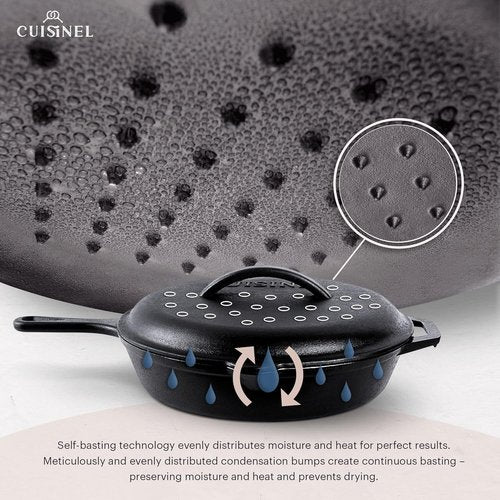 Cuisinel Cast Iron Skillet - 12-Inch Pre-Seasoned Frying Pan with Lid & Silicone Handle | Versatile Indoor/Outdoor Cookware