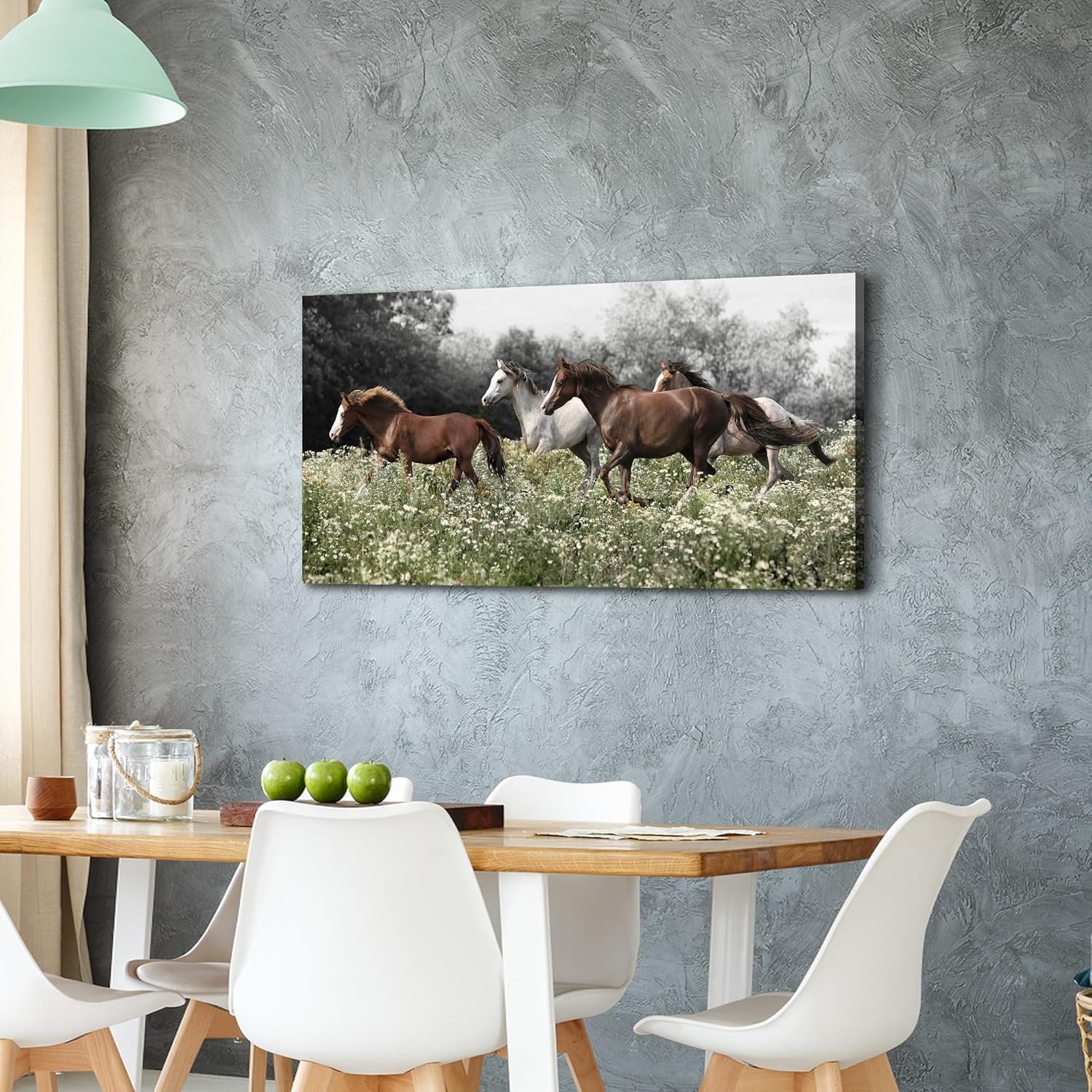 Color Play Horse Canvas Wall Art - Rustic Brown and White Horses Running on Grass | 40 x 20 Inch Decor