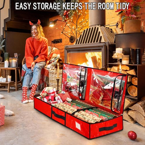 HikooLSS Wrapping Paper Organizer - Durable Underbed Storage for 24 Rolls | Red 43.2" with Pockets