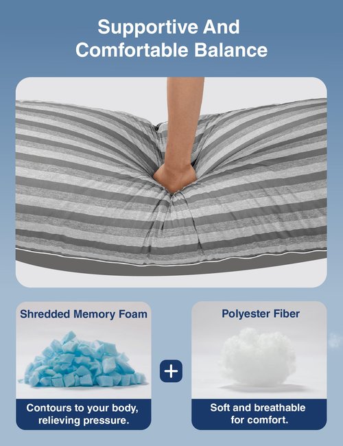 ZonLi Cooling Body Pillow for Adults, Long Pillow with Memory Foam Adjustable, Firm Support Body Pillow for Side Sleeper, Pregnant, Back Pain Relief, Washable Pillowcase, 20x54 inch, Grey
