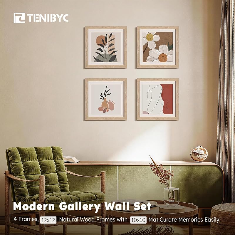12x12 Picture Frame 4 Pack - Natural Wood, 10x10 Mat, Glass - TENIBYC Variation: Natural 4 Pack 12 X 12