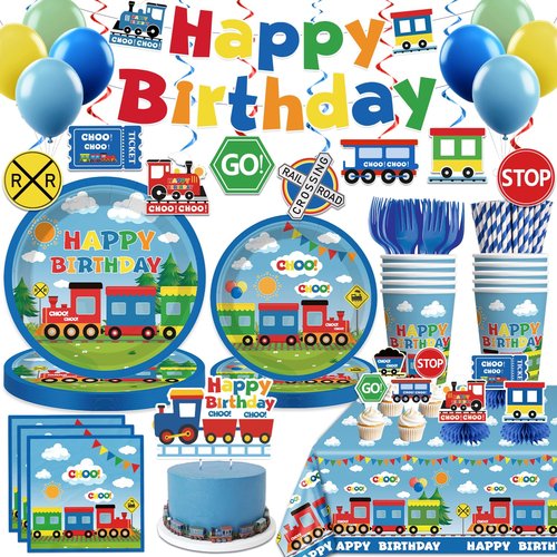 201 Pcs Train Birthday Decorations Train Plates and Napkins Birthday Party Supplies Banner Hanging Swirls Honeycomb Centerpieces Train Table Toppers Train Themed Party Decorations for Birthday