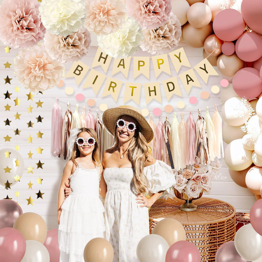 Iysoll Blush Beige Birthday Party Decorations Boho Happy Birthday Decorations Banner Retro Pink Nude Ivory Balloon Paper Pom Poms Tassel Garland Décor Supplies for Girls Women