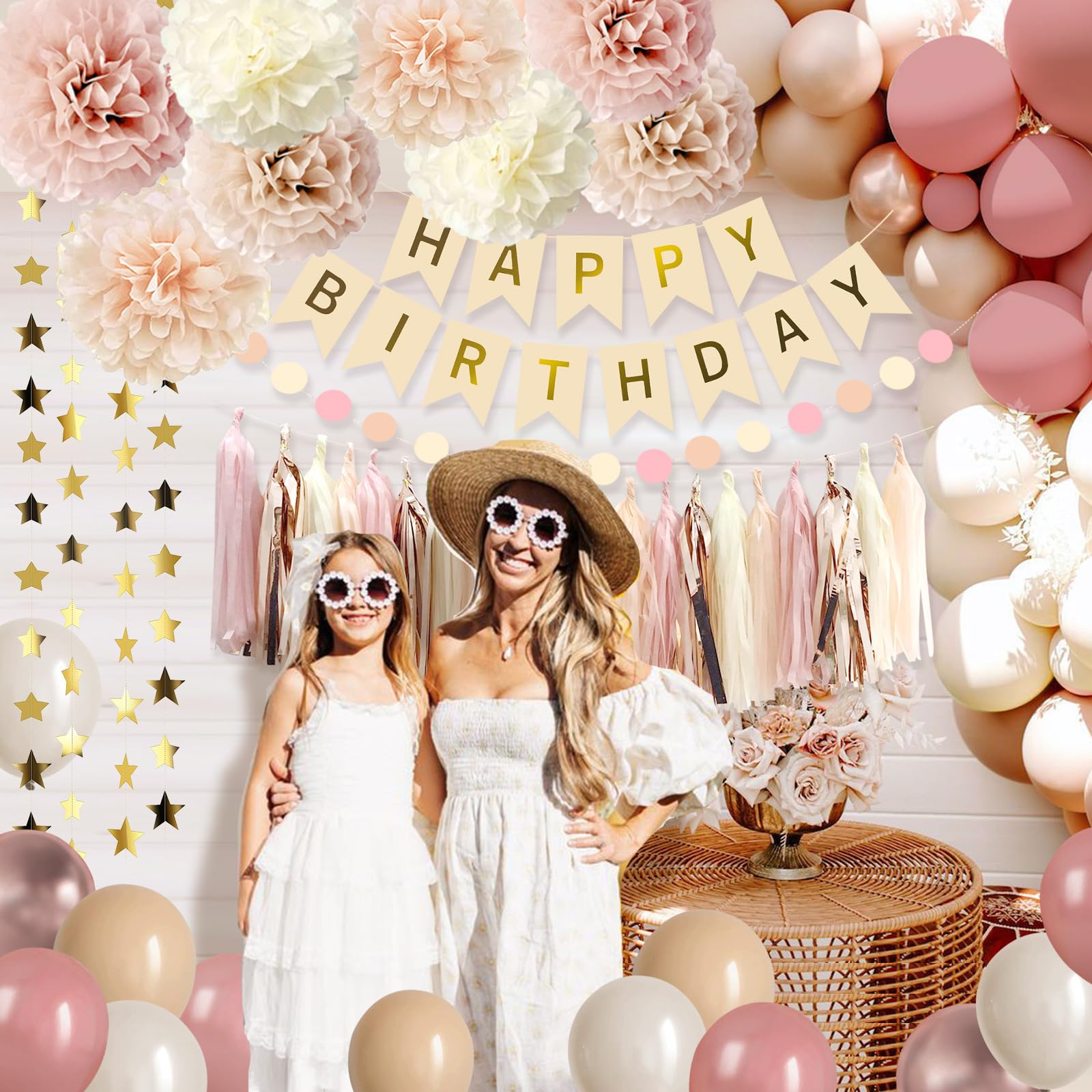 Iysoll Blush Beige Birthday Party Decorations Boho Happy Birthday Decorations Banner Retro Pink Nude Ivory Balloon Paper Pom Poms Tassel Garland Décor Supplies for Girls Women