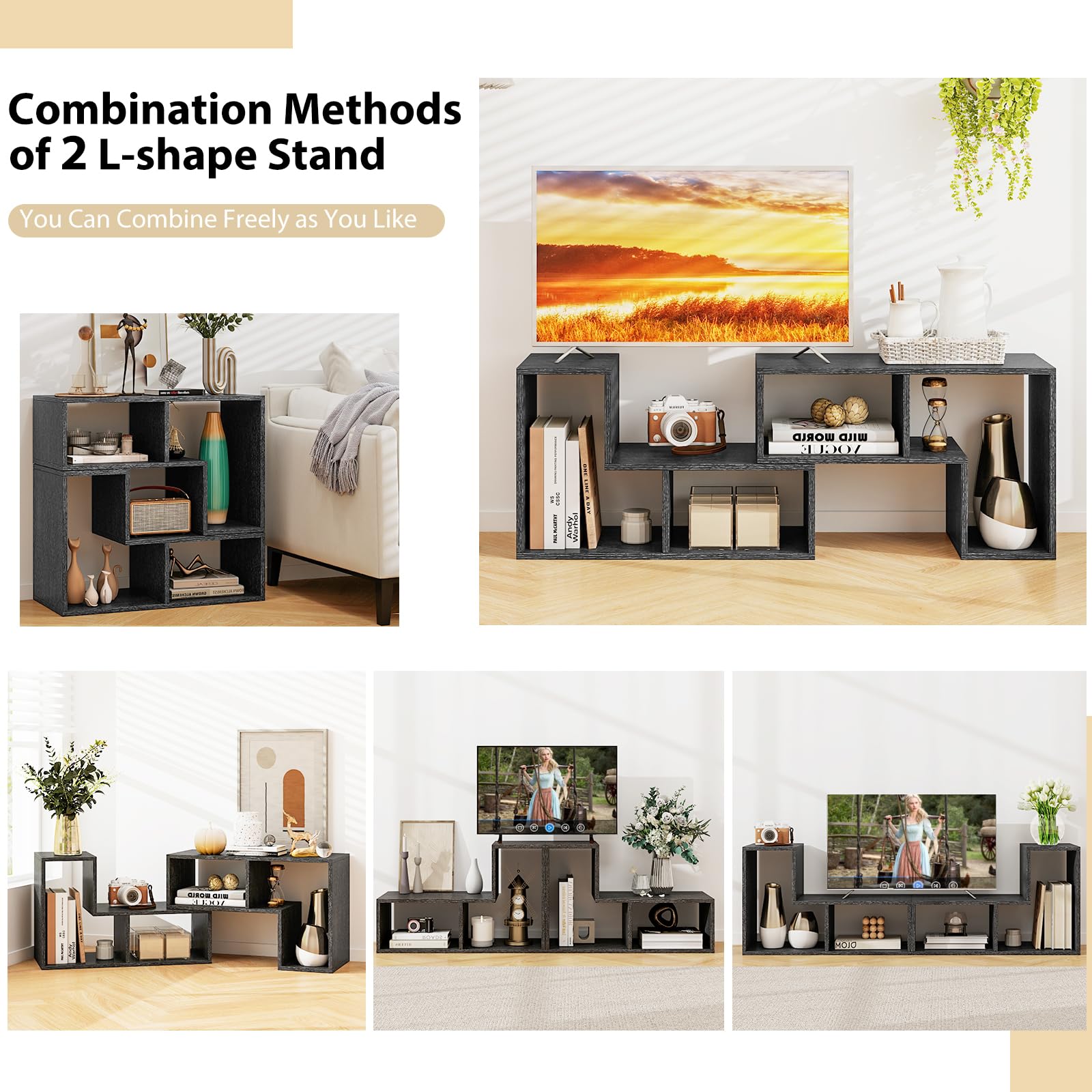 Tangkula 3 Pieces Console TV Stand, Free-Combination Entertainment Center for 50 55 60 65 Inch TV, Minimalist Modern TV Table Media Stand, DIY Open Storage Bookcase for Living Room (Black Wood Grain)