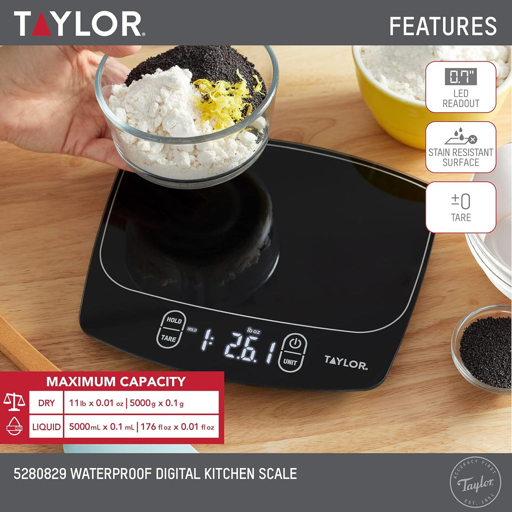 Taylor Waterproof Digital Kitchen Scale - 11 Pounds Capacity | Sleek Black Design