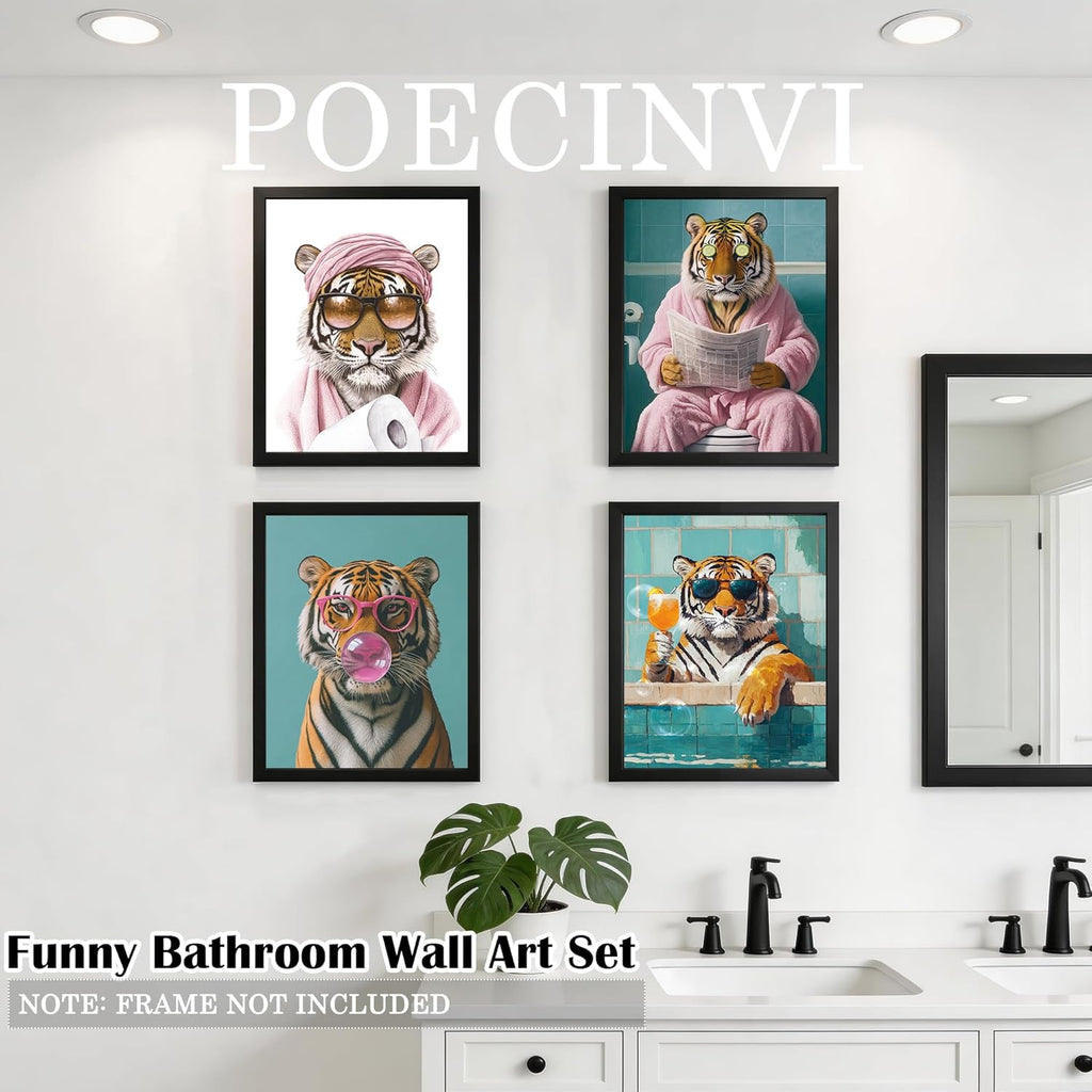Poecinvi Pink Tiger Bathroom Wall Art Prints - Trendy 8x10 Animal Decor Set of 4 for Washroom