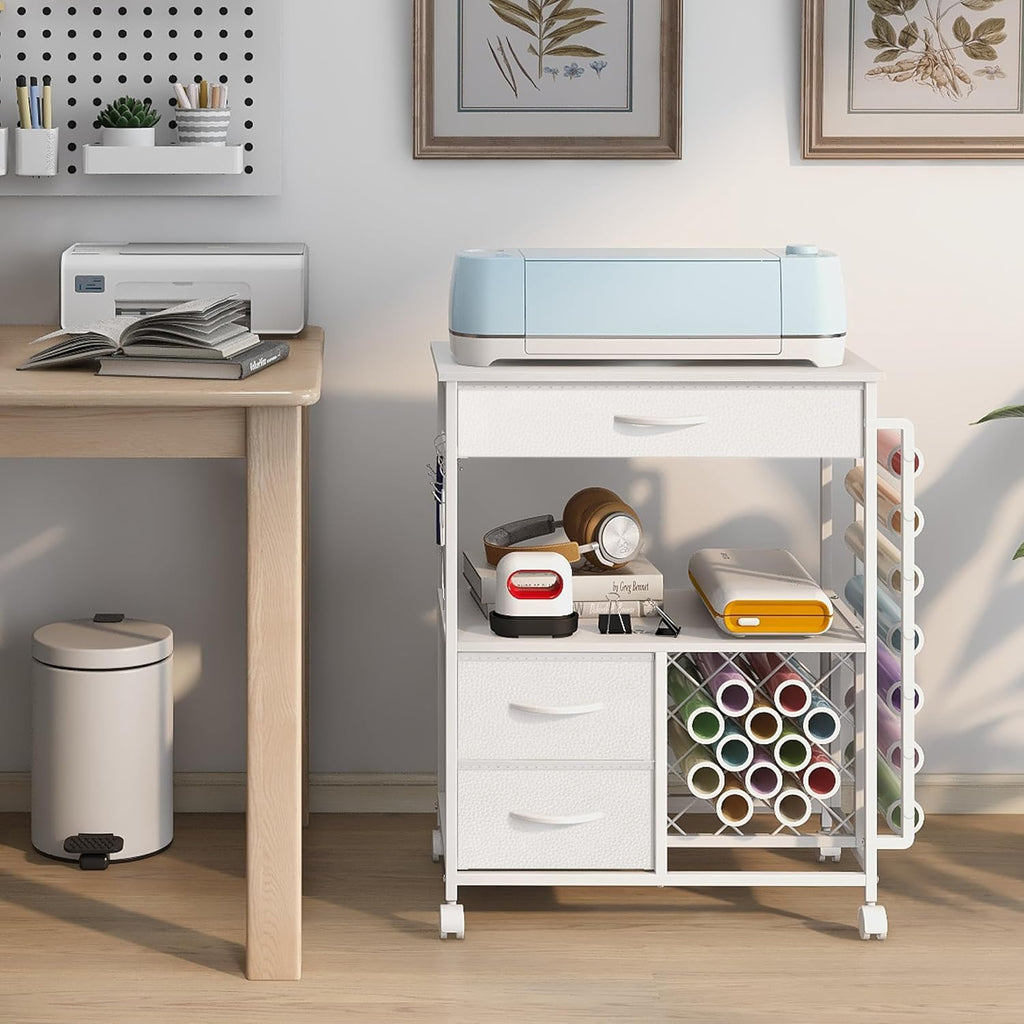 VENNQD Storage Cart - Cricut Machine Stand with Drawers & Vinyl Roll Holder | White Craft Cabinet