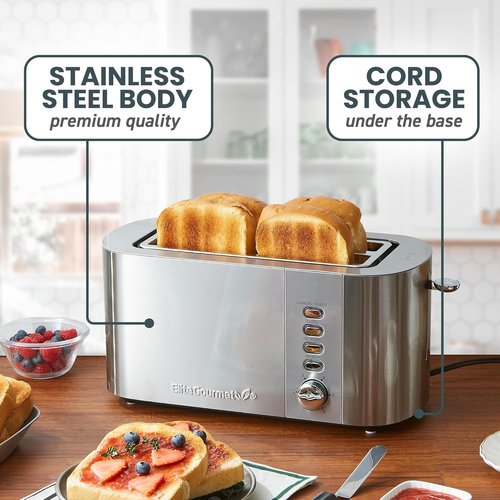 Elite Gourmet ECT4123X Long Slot 4-Slice Toaster - Extra Wide Slots, 6 Shade Settings, Stainless Steel