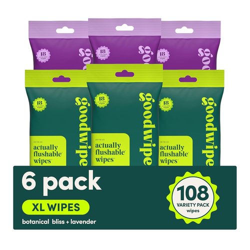Goodwipes Flushable Wipes - Extra Large Portable Wet Wipes - Sewer & Septic Safe - Botanical Bliss & Lavender, 108 Count (6 Packs)
