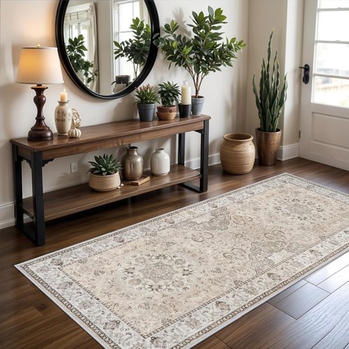 Hallway Washable Runner Rug - Vintage Soft Non-Slip 3x6 Entryway Carpet | Ideal for Kitchen & Living Room (Beige)