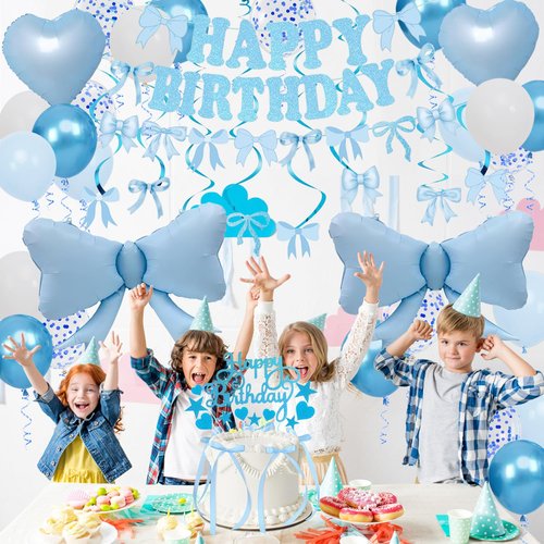 Blue Bow Birthday Decorations, Happy Birthday Banner Garland and Hanging Swirls, 28Pcs Balloons, Cake Toppers, Bow Themed Party Decorations for Girls Women