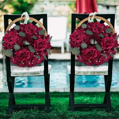 Artificial Flower Candle Rings - 6-Inch Burgundy Rose Wreaths with Butterflies for Wedding & Christmas Decor