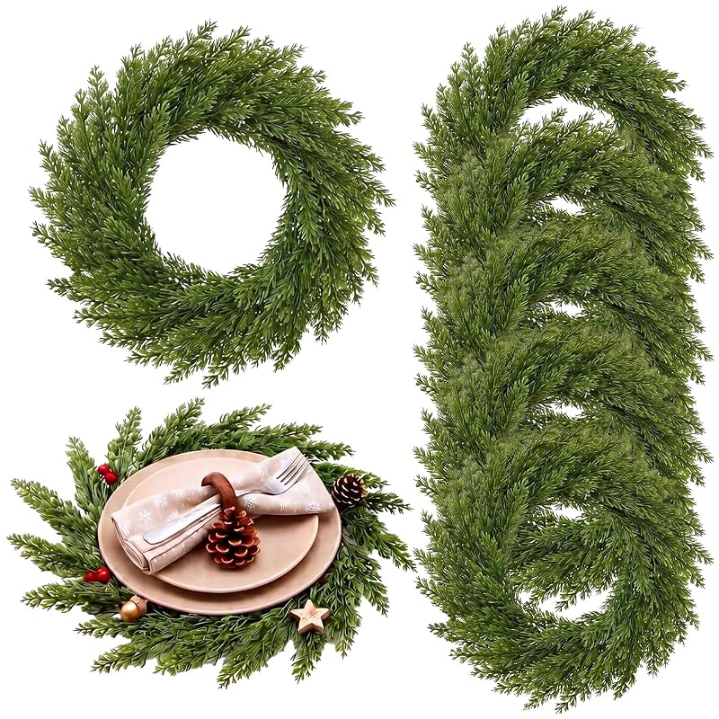 Christmas Placemat Set of 6 Artificial Pine Needle Wreath Round Mats – 26cm Center 40cm Edge, 6+ Soft Pine Needles