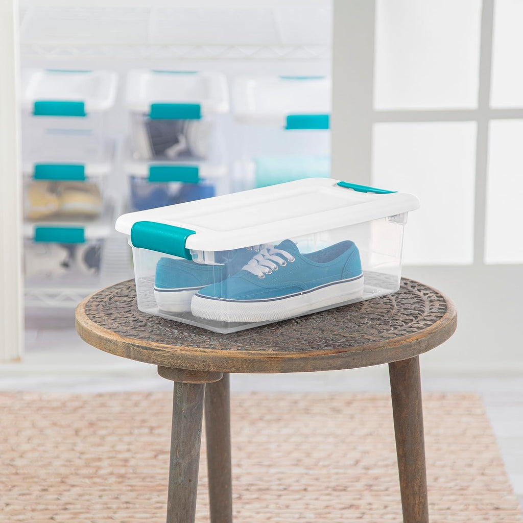 Sterilite 6 Qt Latching Storage Box - Stackable Plastic Container for Shoe Organization | Clear with White Lid, 12-Pack
