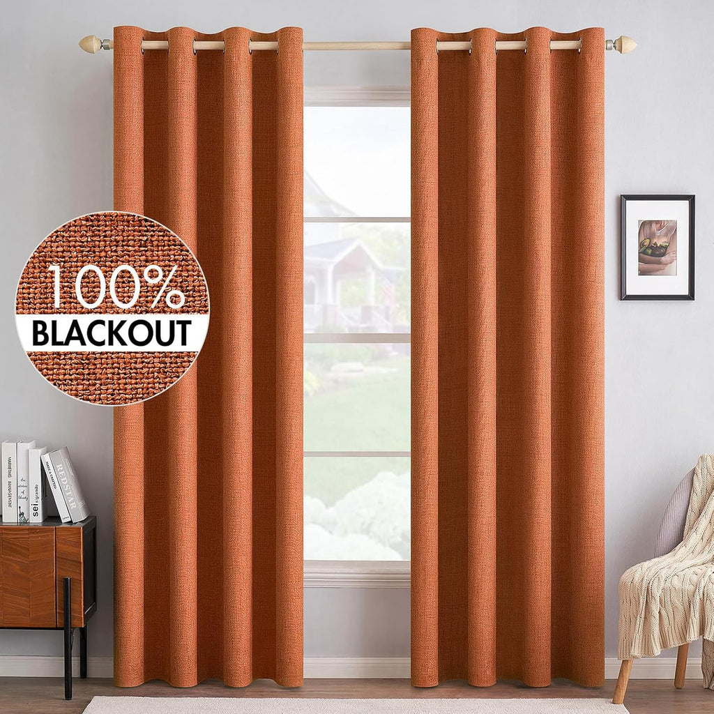 MIULEE Blackout Linen Curtains - 100% Thermal Insulated Grommet Drapes | Orange, 52 x 90 Inch (2 Panels)