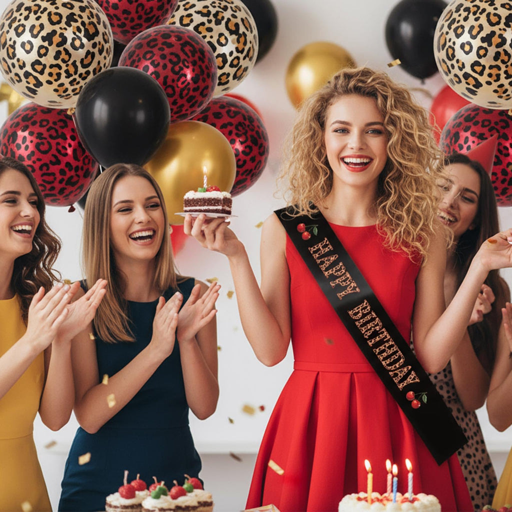 OWWOPATS Cheetah Cherry Happy Birthday Sash, Leopard Satin Sash Birthday Decorations Red and Black Party Decorations for Women and Girls