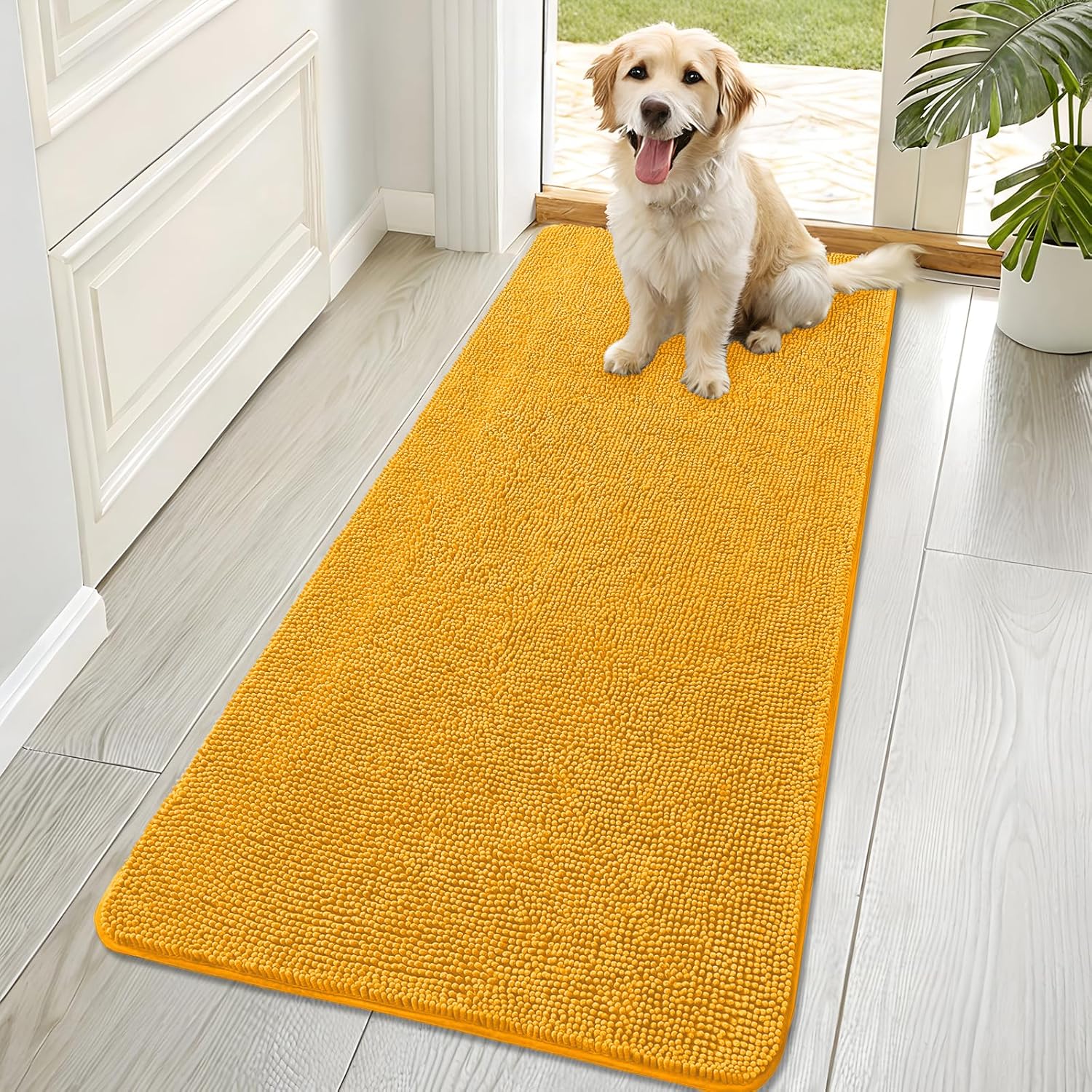 OLANLY Dog Door Mat - Absorbent Non-Slip Chenille for Muddy Paws | 70x32 Inches, Quick Dry, Golden Yellow
