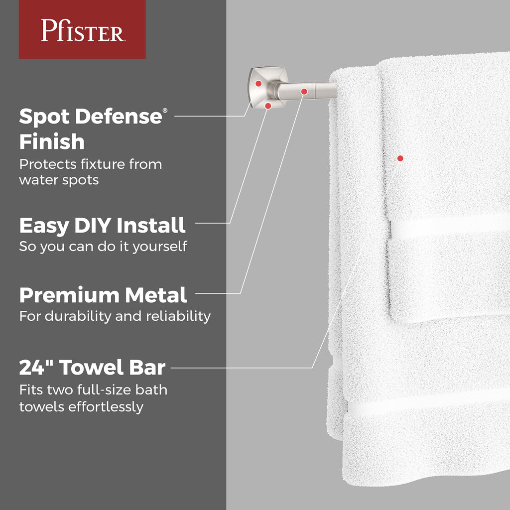 Pfister Vaneri Bath Towel Bar for Bathroom, 24-Inch, Wall-Mounted, Screw-In, Spot Defense Brushed Nickel Finish, BTBVRI2GS